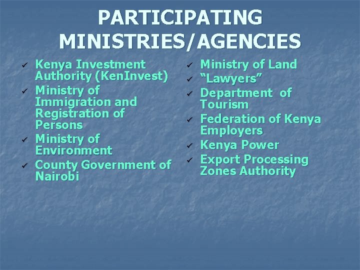 PARTICIPATING MINISTRIES/AGENCIES ü ü Kenya Investment Authority (Ken. Invest) Ministry of Immigration and Registration