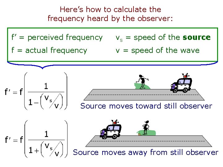 Here’s how to calculate the frequency heard by the observer: f’ = perceived frequency