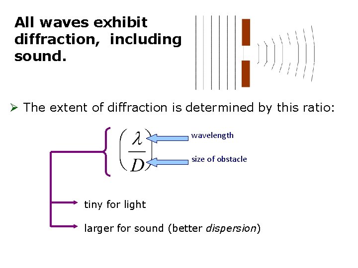 All waves exhibit diffraction, including sound. Ø The extent of diffraction is determined by