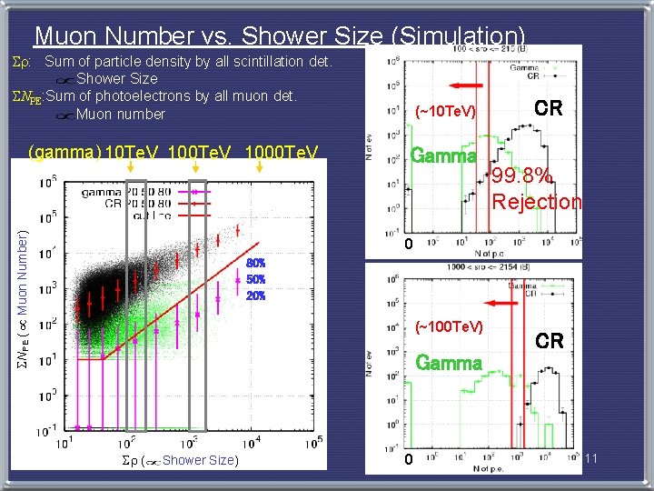 Muon Number vs. Shower Size (Simulation) Sr: Sum of particle density by all scintillation