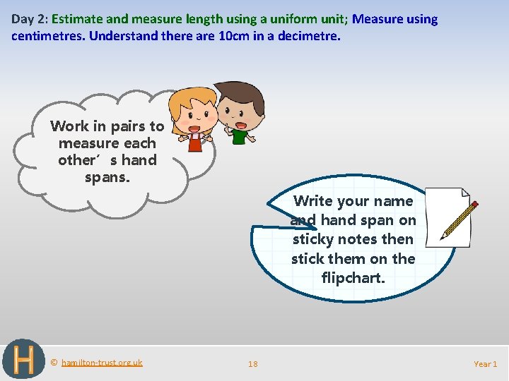 Day 2: Estimate and measure length using a uniform unit; Measure using centimetres. Understand
