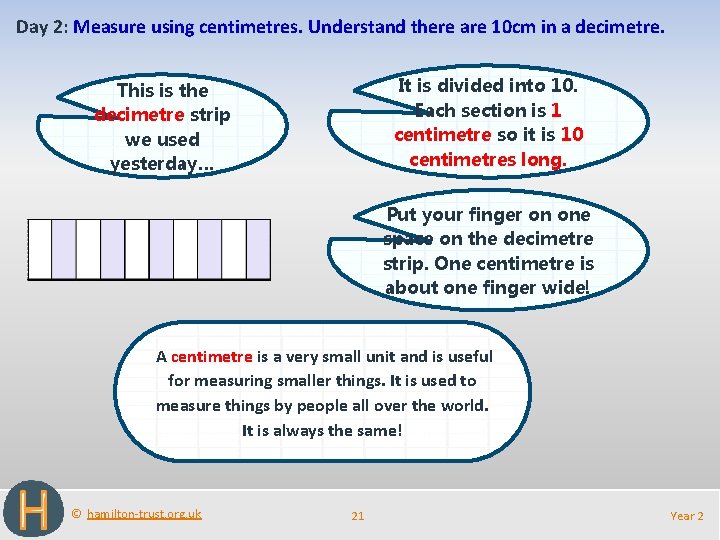 Day 2: Measure using centimetres. Understand there are 10 cm in a decimetre. It