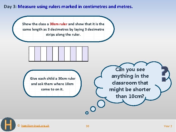 Day 3: Measure using rulers marked in centimetres and metres. Show the class a