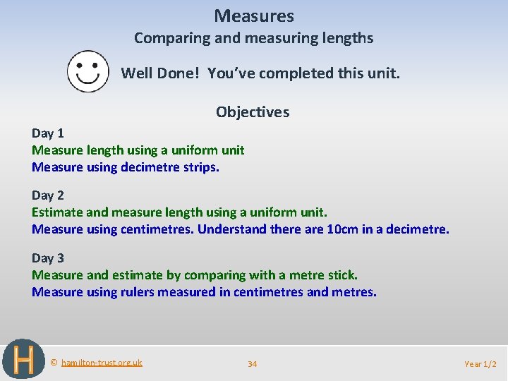 Measures Comparing and measuring lengths Well Done! You’ve completed this unit. Objectives Day 1