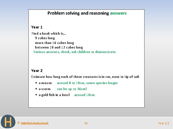 Problem solving and reasoning answers Year 1 Find a book which is… 9 cubes