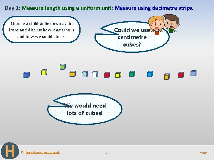 Day 1: Measure length using a uniform unit; Measure using decimetre strips. Choose a