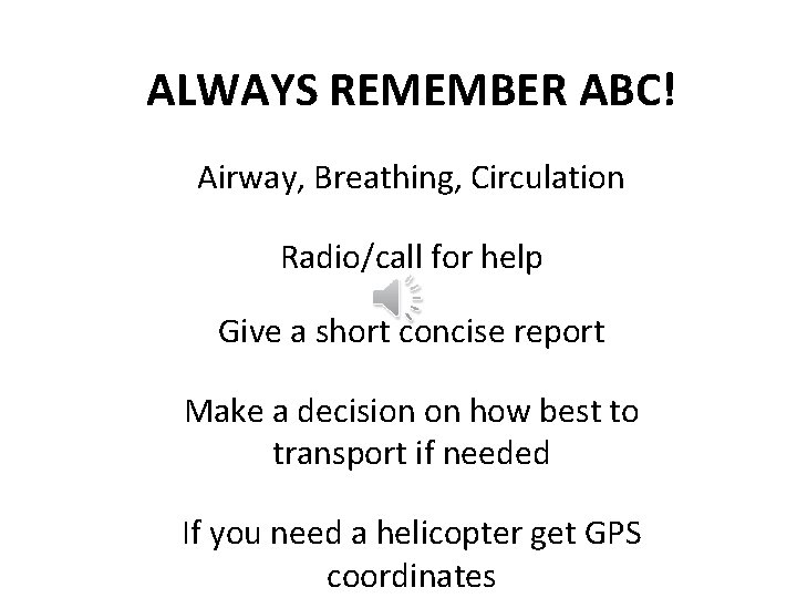 ALWAYS REMEMBER ABC! Airway, Breathing, Circulation Radio/call for help Give a short concise report