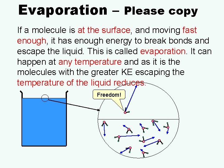 Evaporation – Please copy If a molecule is at the surface, and moving fast