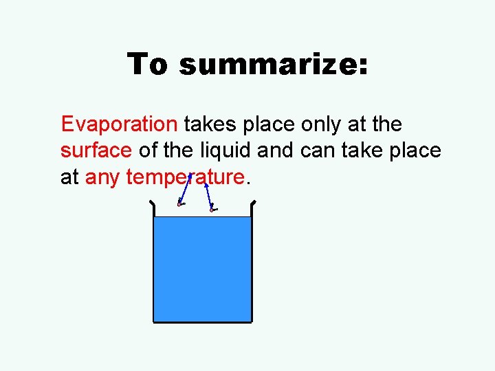 To summarize: Evaporation takes place only at the surface of the liquid and can