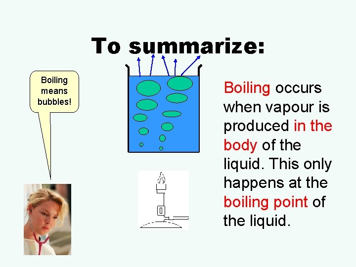 To summarize: Boiling means bubbles! Boiling occurs when vapour is produced in the body