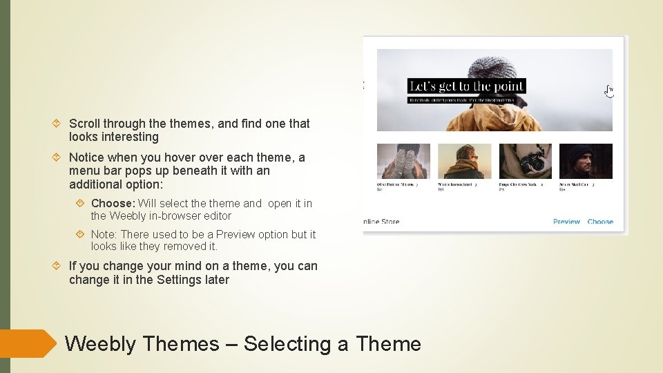  Scroll through themes, and find one that looks interesting Notice when you hover