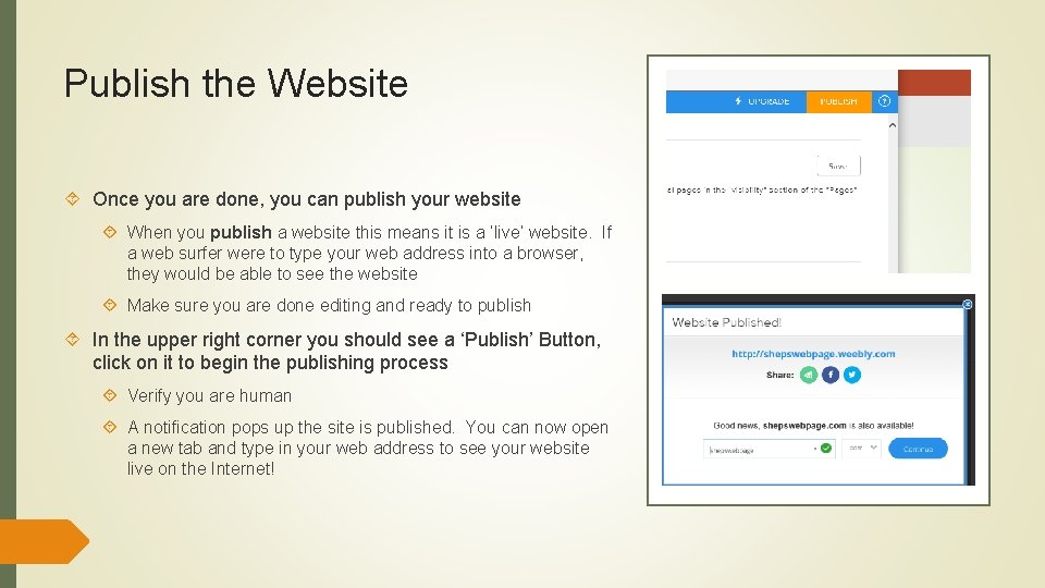 Publish the Website Once you are done, you can publish your website When you