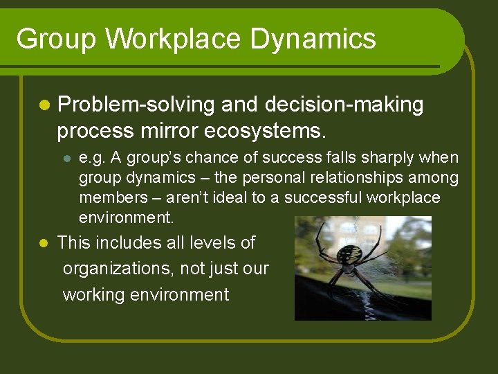 Group Workplace Dynamics l Problem-solving and decision-making process mirror ecosystems. l l e. g.