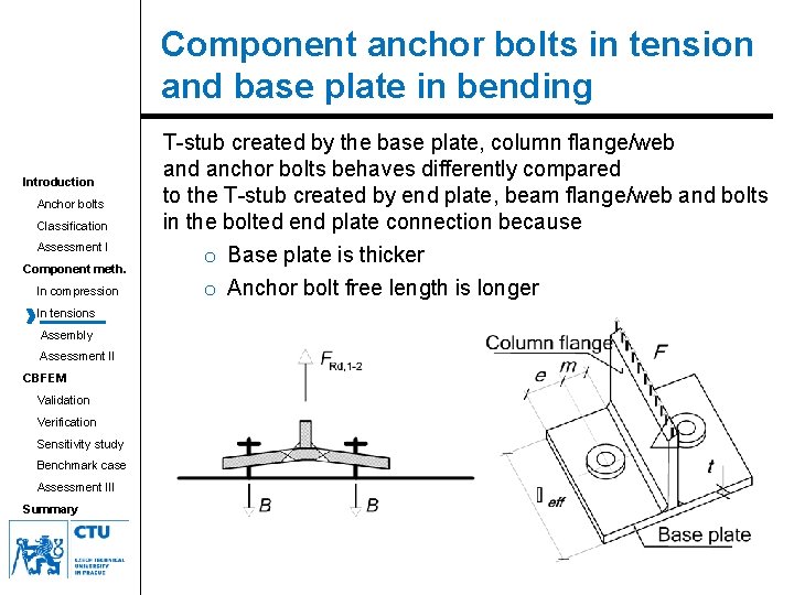 Component anchor bolts in tension and base plate in bending Introduction Anchor bolts Classification