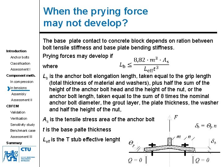 When the prying force may not develop? Introduction Anchor bolts Classification Assessment I Component