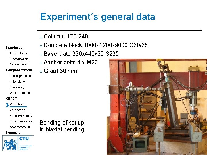 Experiment´s general data o Column HEB 240 Introduction Anchor bolts Classification Assessment I Component