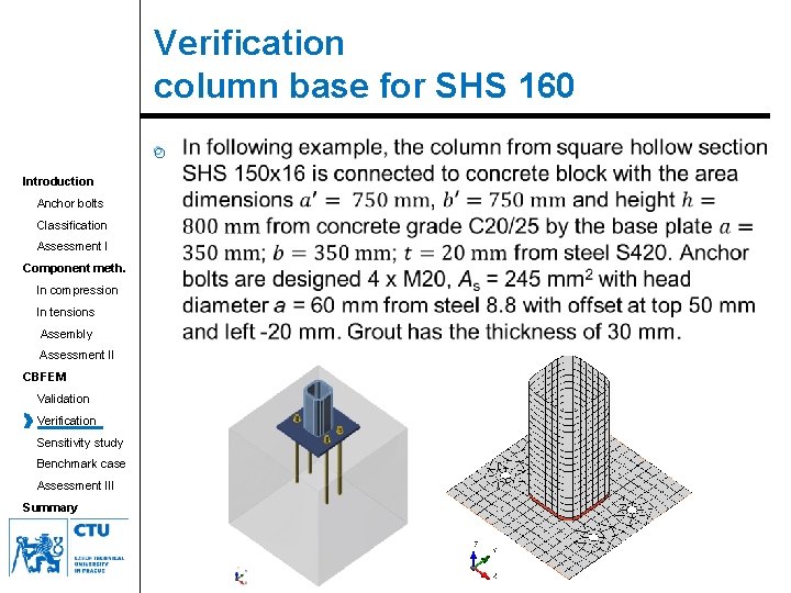 Verification column base for SHS 160 o Introduction Anchor bolts Classification Assessment I Component