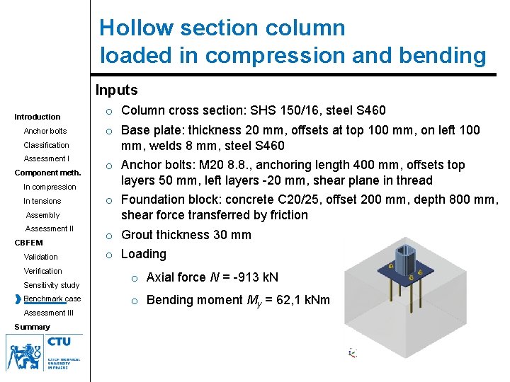 Hollow section column loaded in compression and bending Inputs Introduction Anchor bolts Classification Assessment