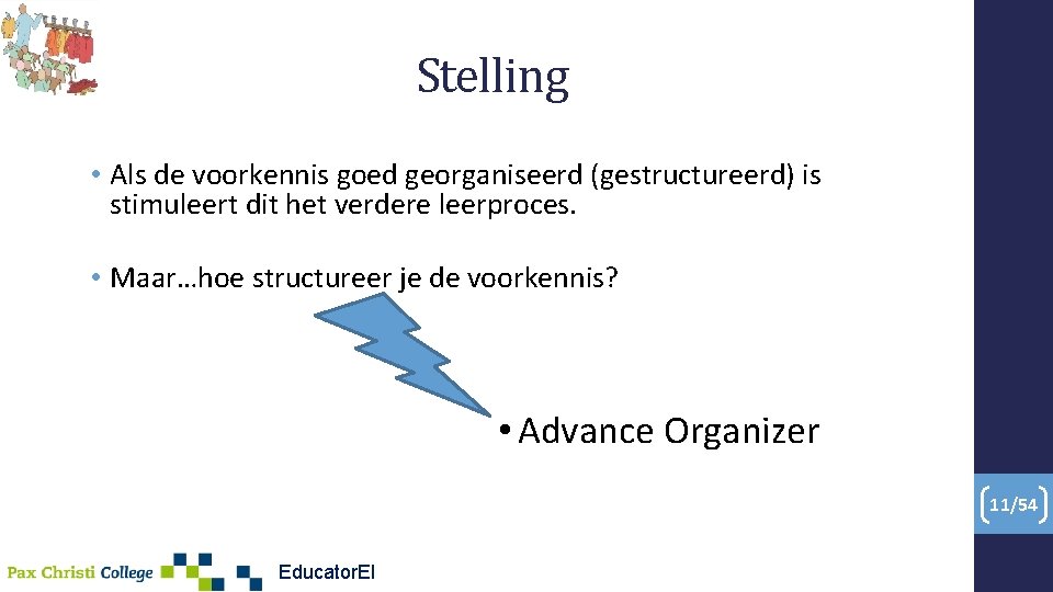 Stelling • Als de voorkennis goed georganiseerd (gestructureerd) is stimuleert dit het verdere leerproces.
