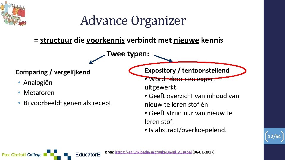 Advance Organizer = structuur die voorkennis verbindt met nieuwe kennis Twee typen: Comparing /
