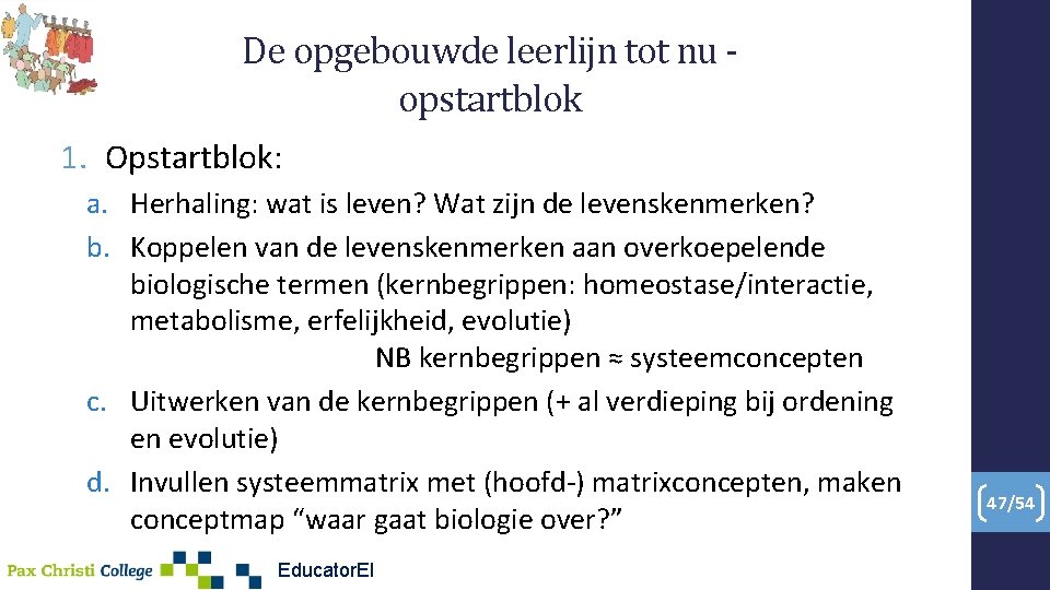 De opgebouwde leerlijn tot nu opstartblok 1. Opstartblok: a. Herhaling: wat is leven? Wat