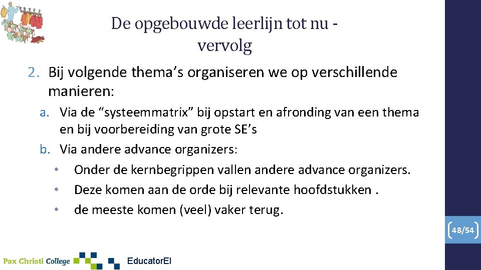 De opgebouwde leerlijn tot nu vervolg 2. Bij volgende thema’s organiseren we op verschillende