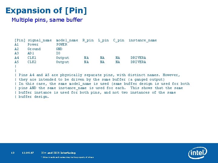 Expansion of [Pin] Multiple pins, same buffer [Pin] signal_name model_name R_pin L_pin C_pin instance_name