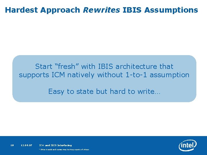 Hardest Approach Rewrites IBIS Assumptions Start “fresh” with IBIS architecture that supports ICM natively