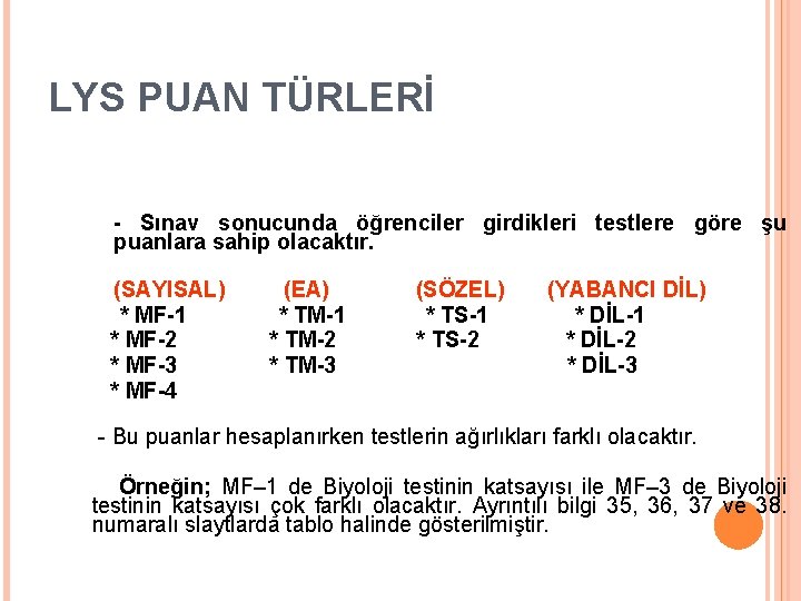 LYS PUAN TÜRLERİ - Sınav sonucunda öğrenciler girdikleri testlere göre şu puanlara sahip olacaktır.