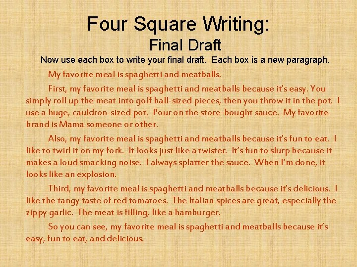 Four Square Writing: Final Draft Now use each box to write your final draft.