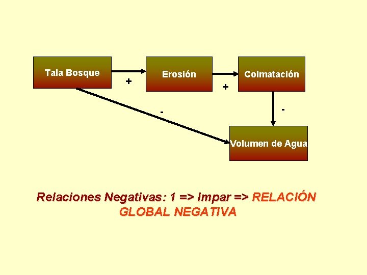 Tala Bosque + Erosión Colmatación + - Volumen de Agua Relaciones Negativas: 1 =>