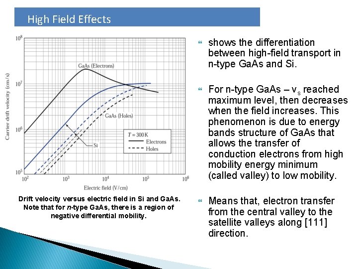 High Field Effects Drift velocity versus electric field in Si and Ga. As. Note