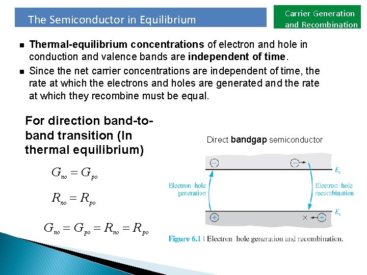 The Semiconductor in Equilibrium Carrier Generation and Recombination Thermal-equilibrium concentrations of electron and hole