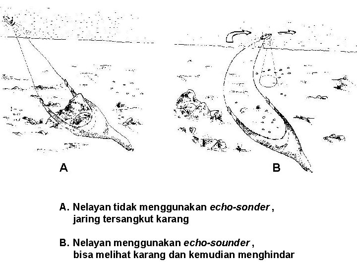A B A. Nelayan tidak menggunakan echo-sonder , jaring tersangkut karang B. Nelayan menggunakan
