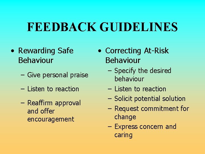 FEEDBACK GUIDELINES • Rewarding Safe Behaviour – Give personal praise – Listen to reaction FEEDBACK GUIDELINES • Rewarding Safe Behaviour – Give personal praise – Listen to reaction