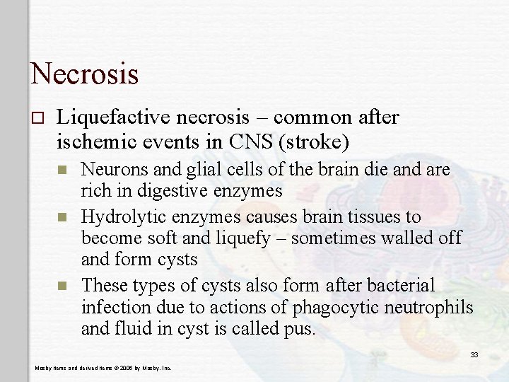 Necrosis o Liquefactive necrosis – common after ischemic events in CNS (stroke) n n