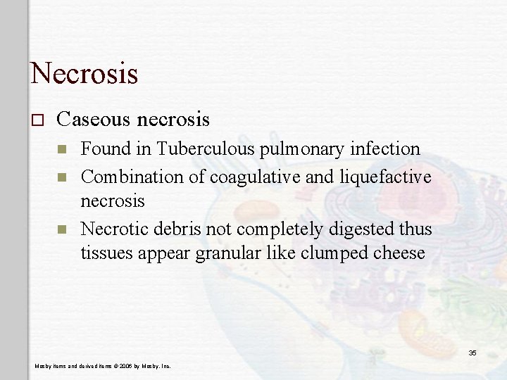 Necrosis o Caseous necrosis n n n Found in Tuberculous pulmonary infection Combination of