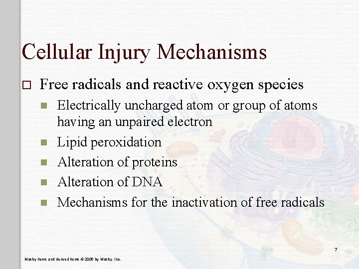 Cellular Injury Mechanisms o Free radicals and reactive oxygen species n n n Electrically