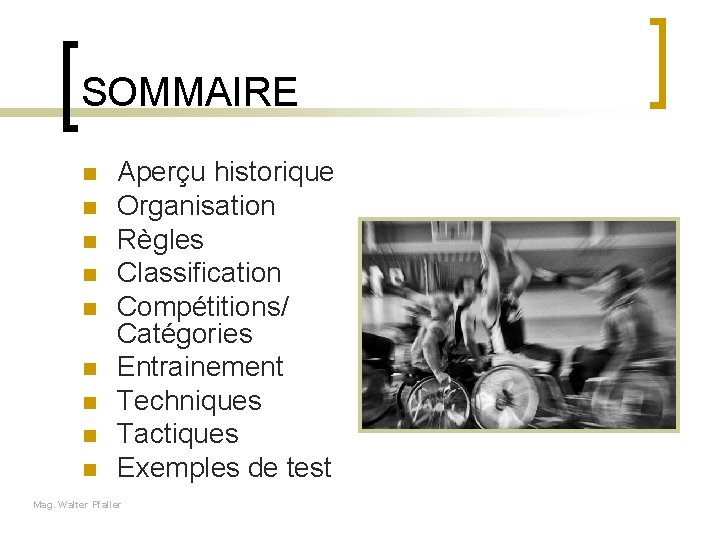 SOMMAIRE n n n n n Aperçu historique Organisation Règles Classification Compétitions/ Catégories Entrainement