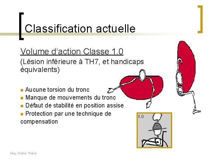 Classification actuelle Volume d‘action Classe 1. 0 (Lésion inférieure à TH 7, et handicaps