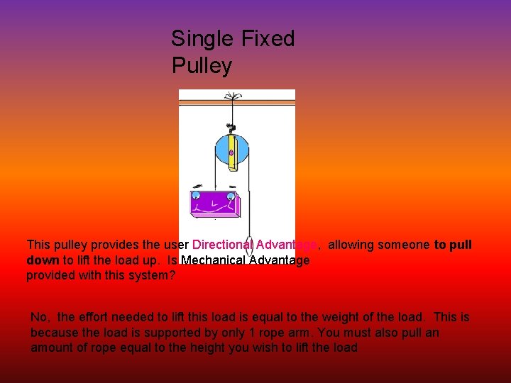 Single Fixed Pulley This pulley provides the user Directional Advantage, allowing someone to pull