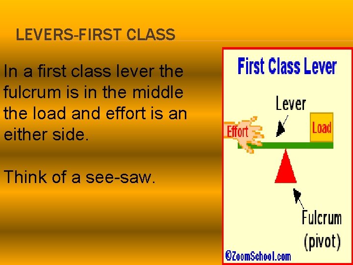 LEVERS-FIRST CLASS In a first class lever the fulcrum is in the middle the
