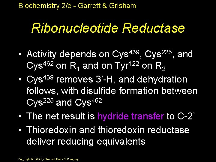 Biochemistry 2/e - Garrett & Grisham Ribonucleotide Reductase • Activity depends on Cys 439,