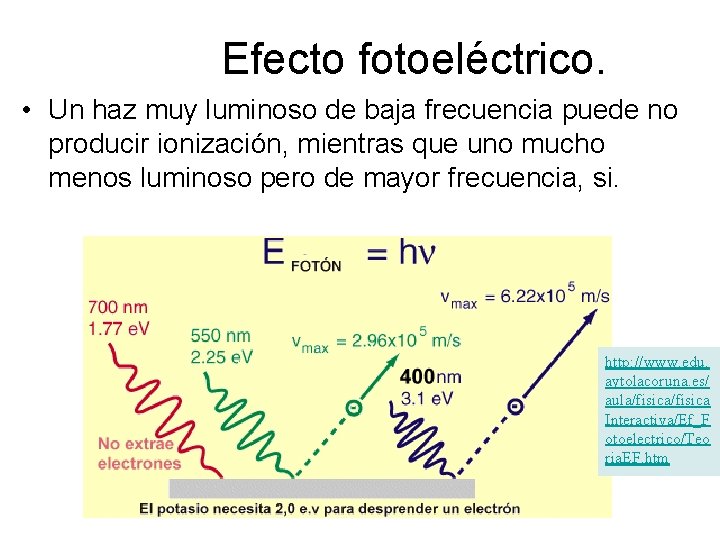 Efecto fotoeléctrico. • Un haz muy luminoso de baja frecuencia puede no producir ionización,