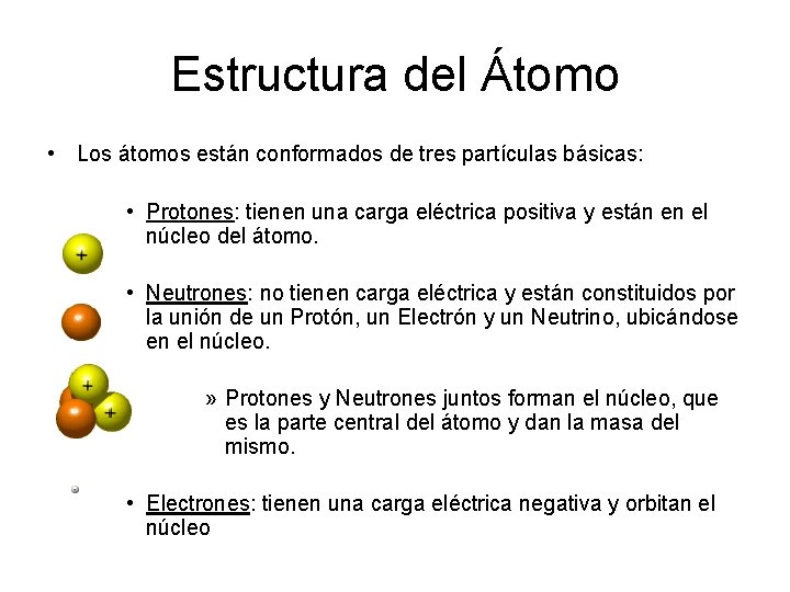 Estructura del Átomo • Los átomos están conformados de tres partículas básicas: • Protones: