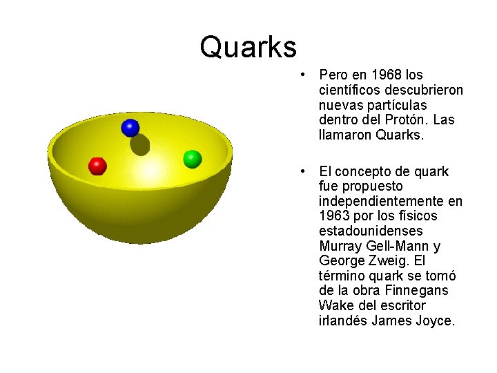 Quarks • Pero en 1968 los científicos descubrieron nuevas partículas dentro del Protón. Las