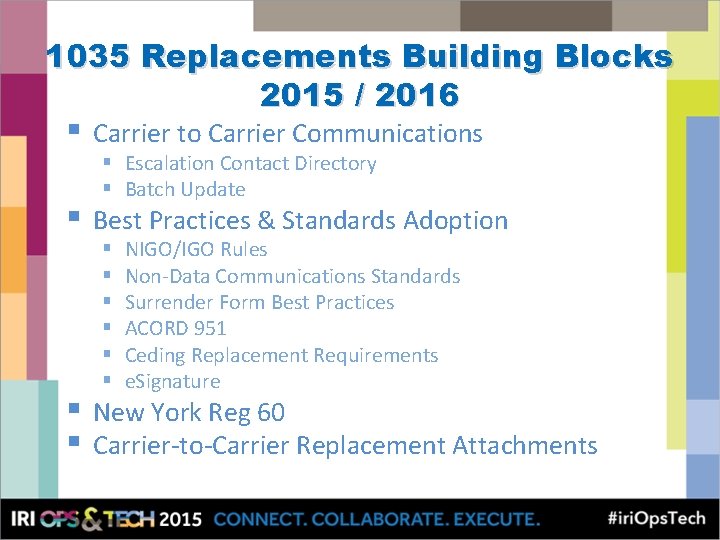 1035 Replacements Building Blocks 2015 / 2016 § Carrier to Carrier Communications § Best