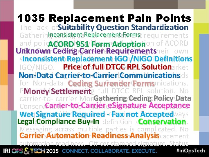 1035 Replacement Pain Points Standardization The lack of Suitability Question Standardization. Inconsistent Replacement Forms