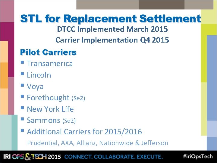 STL for Replacement Settlement DTCC Implemented March 2015 Carrier Implementation Q 4 2015 Pilot