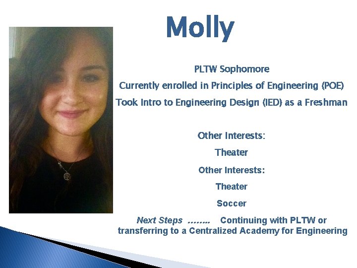 Molly PLTW Sophomore Currently enrolled in Principles of Engineering (POE) Took Intro to Engineering